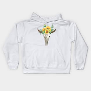 Watercolor skull with sunflowers Kids Hoodie